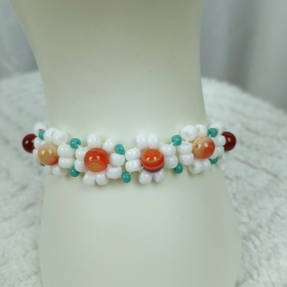 HANDMADE  Orange Banded Agate Daisy Chain Bracelet  6 1/2'' ArtToWear Cottage - Picture 2 of 4